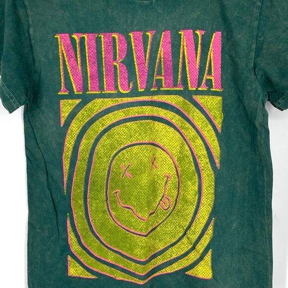Officially Licensed Nirvana Smiley Face Tee Green Acid Wash Small - Picture 3 of 5